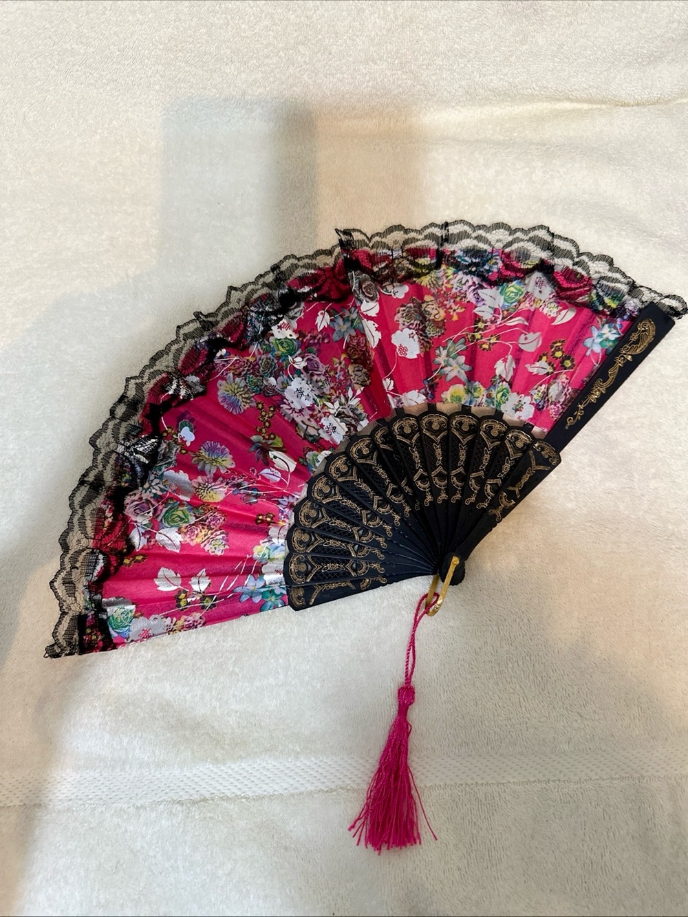 Vintage Spanish Hand Fan Black Lace Hot Pink Floral Gold Filigree Flamenco Dance